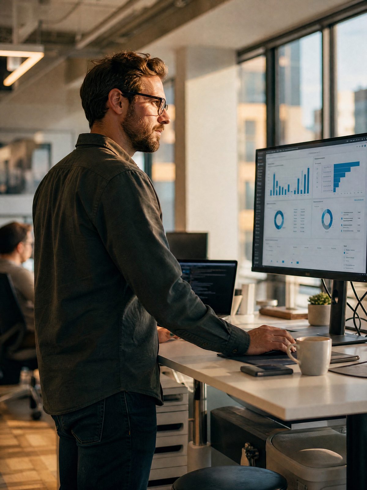 An operations engineer at a workstation, monitoring a live analytics dashboard